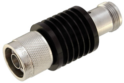 20 dB Fixed Attenuator, N Male to N Female Black Anodized Aluminum Heatsink Body Rated to 10 Watts Up to 12.4 GHz