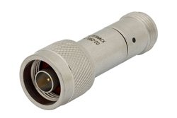 20 dB DC Bias Attenuator, N Male to N Female Passivated Stainless Steel Body Rated to 2 Watts from 500 MHz to 2 GHz