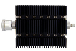 30 dB Fixed Attenuator, 7/16 DIN Female To SMA Male Directional Black Anodized Aluminum Heatsink Body Rated To 100 Watts Up To 6 GHz