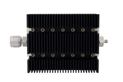 30 dB Fixed Attenuator, N Male To SMA Female Directional Black Anodized Aluminum Heatsink Body Rated To 100 Watts Up To 6 GHz