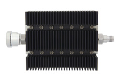 50 dB Fixed Attenuator, 7/16 DIN Female To TNC Female Directional Black Anodized Aluminum Heatsink Body Rated To 100 Watts Up To 6 GHz