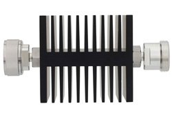 3 dB Fixed Attenuator, 7/16 DIN Male To 7/16 DIN Female Directional Black Anodized Aluminum Heatsink Body Rated To 50 Watts Up To 7.5 GHz
