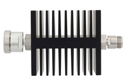 20 dB Fixed Attenuator, 7/16 DIN Female To N Female Directional Black Anodized Aluminum Heatsink Body Rated To 50 Watts Up To 18 GHz