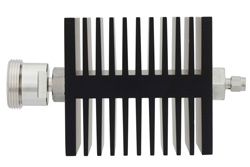 3 dB Fixed Attenuator, 7/16 DIN Female To SMA Male Directional Black Anodized Aluminum Heatsink Body Rated To 50 Watts Up To 7.5 GHz