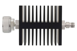 20 dB Fixed Attenuator, 7/16 DIN Male To TNC Female Directional Black Anodized Aluminum Heatsink Body Rated To 50 Watts Up To 7.5 GHz