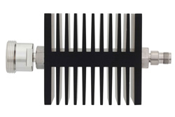 50 dB Fixed Attenuator, 7/16 DIN Female To TNC Female Directional Black Anodized Aluminum Heatsink Body Rated To 50 Watts Up To 18 GHz