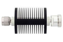 20 dB Fixed Attenuator, N Male to 7/16 DIN Female Black Anodized Aluminum Heatsink Body Rated to 25 Watts Up to 7.5 GHz