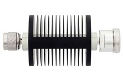 3 dB Fixed Attenuator, N Male to 7/16 DIN Female Black Anodized Aluminum Heatsink Body Rated to 25 Watts Up to 7.5 GHz