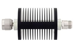 30 dB Fixed Attenuator, N Male to N Female Black Anodized Aluminum Heatsink Body Rated to 25 Watts Up to 18 GHz