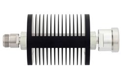 3 dB Fixed Attenuator, N Female to 7/16 DIN Female Black Anodized Aluminum Heatsink Body Rated to 25 Watts Up to 7.5 GHz
