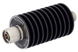 10 dB Fixed Attenuator, N Male to N Female Unidirectional Black Anodized Aluminum Heatsink Body Rated to 50 Watts Up to 3 GHz
