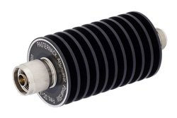 10 dB Fixed Attenuator, N Male to N Female Black Anodized Aluminum Heatsink Body Rated to 50 Watts Up to 3 GHz