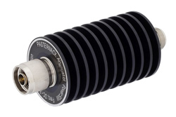 20 dB Fixed Attenuator, N Male to N Female Black Anodized Aluminum Heatsink Body Rated to 50 Watts Up to 3 GHz