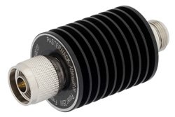 10 dB Fixed Attenuator, N Male to N Female Black Anodized Aluminum Heatsink Body Rated to 25 Watts Up to 4 GHz
