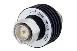 20 dB固定式衰减器，4.3-10公头转4.3-10母头，铝制主体，额定功率为15瓦，最高频率为6 GHz