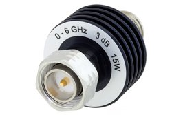 3 dB固定式衰减器，4.3-10公头转4.3-10母头，铝制主体，额定功率为15瓦，最高频率为6 GHz