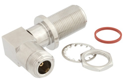 N Female to N Female Right Angle Bulkhead Mount Adapter